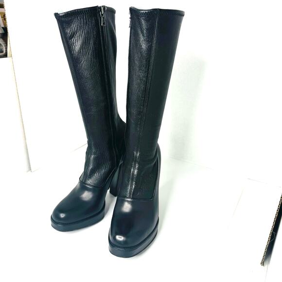 Prada Vintage Black Leather Sock Boots Size 38.5 High Block Heel Stretch Shaft - Picture 11 of 12